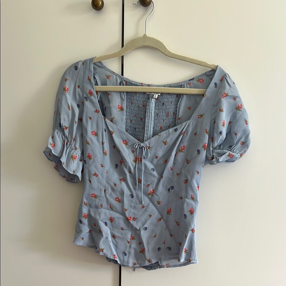 Reformation Light Blue Floral Tie-Front Puff Sleeve Top